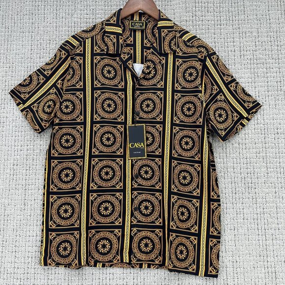 Casa Moda Couture Shirt Mens Size S Black Mustard Button Down Greek Pattern - Picture 1 of 9